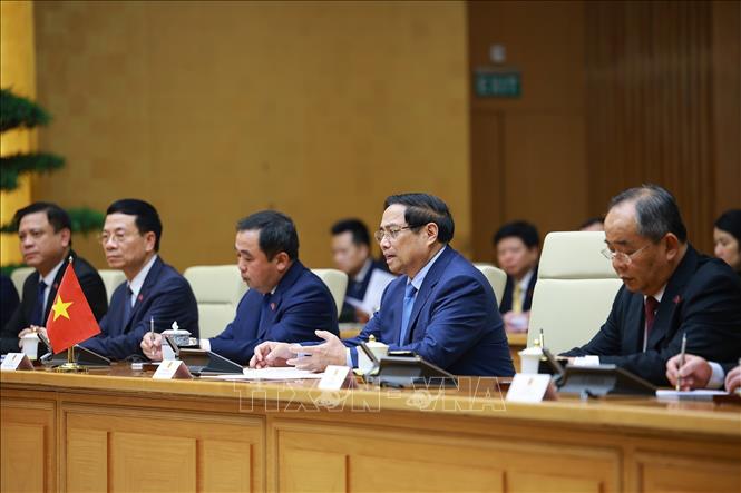 Thủ tướng Phạm Minh Chính phát biểu tại cuộc hội kiến Chủ tịch Hội đồng châu Âu António Costa. Ảnh: Dương Giang-TTXVN 
