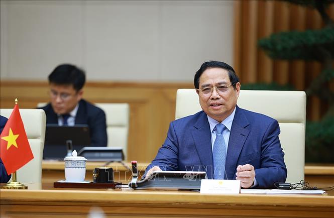 Thủ tướng Phạm Minh Chính phát biểu tại cuộc hội kiến Chủ tịch Hội đồng châu Âu António Costa. Ảnh: Dương Giang-TTXVN 
