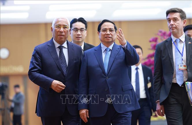 Thủ tướng Phạm Minh Chính hội kiến Chủ tịch Hội đồng châu Âu António Costa. Ảnh: Dương Giang-TTXVN 