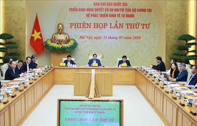 Thủ tướng Phạm Minh Chính chủ trì Phiên họp lần thứ tư của Ban Chỉ đạo phát triển kinh tế tư nhân. Ảnh: Dương Giang-TTXVN 