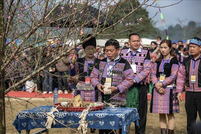Thầy mo làm lễ ngay dưới gốc cây nêu trước khi khai mạc Lễ hội gầu Tào. Ảnh: Trọng Đạt-TTXVN