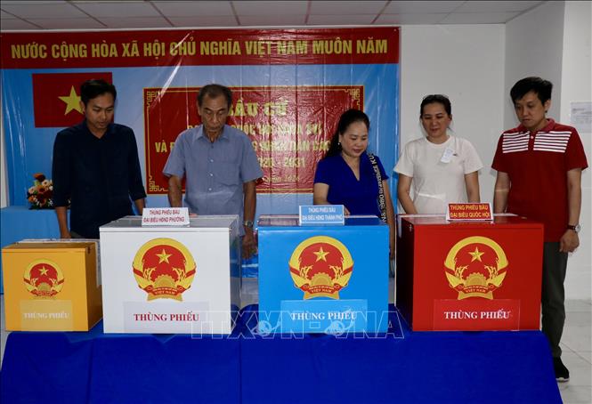 Các thành viên Tổ bầu cử số 36, phường Bình Đông, TP. Hồ Chí Minh tiến hành quy trình kiểm phiếu. Ảnh: Thanh Vũ – TTXVN