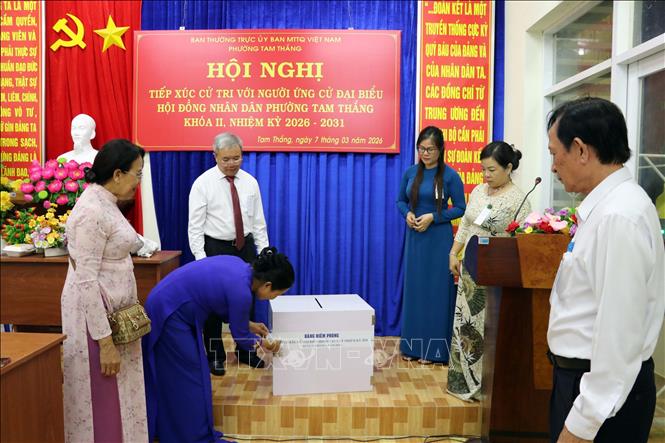 Các thành viên Tổ bầu cử số 27, phường Tam Thắng, TP. Hồ Chí Minh tiến hành quy trình kiểm phiếu. Ảnh: Thanh Vũ – TTXVN