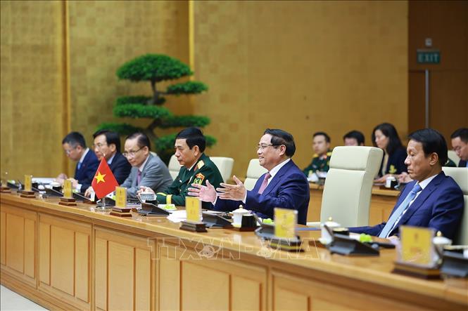 Thủ tướng Phạm Minh Chính phát biểu tại cuộc tiếp Bộ trưởng các Bộ Ngoại giao, Quốc phòng, Công an Trung Quốc dự Hội nghị lần thứ nhất, Cơ chế đối thoại chiến lược “3+3”. Ảnh: Dương Giang-TTXVN
