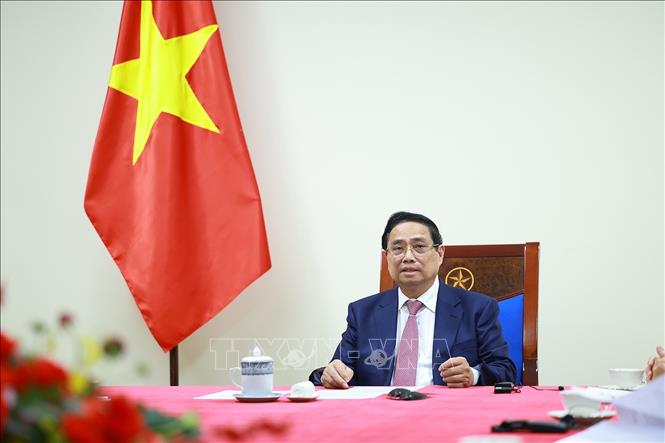 Thủ tướng Phạm Minh Chính điện đàm với Tổng thống Angola João Manuel Gonçalves Lourenço. Ảnh: Dương Giang-TTXVN 