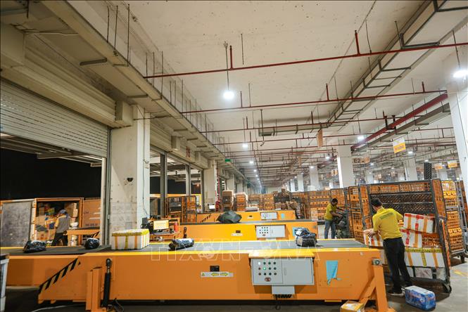 Hệ thống băng chuyền hiện đại của Vietnam Post giúp vận chuyển bưu phẩm trực tiếp đến xe trung chuyển, rút ngắn thời gian khai thác, giảm sức lao động và bảo đảm an toàn hàng hóa. Ảnh: Hoàng Hiếu – TTXVN