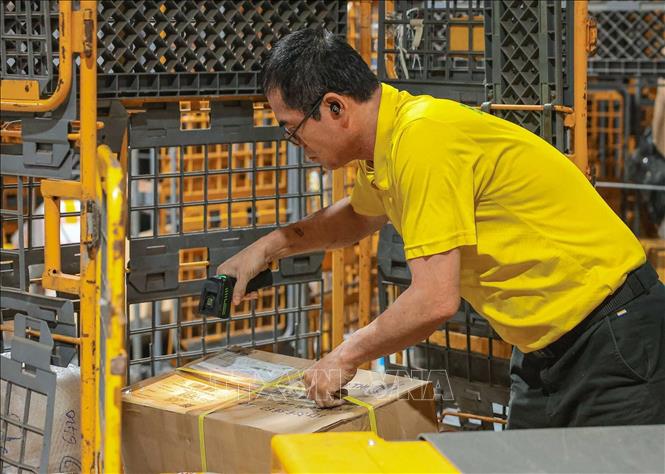 Ứng dụng chuyển đổi số trong hoạt động logistics, nhân viên Tổng Công ty Bưu điện Việt Nam sử dụng thiết bị quét mã vạch (QR) để cập nhật, theo dõi hành trình bưu kiện theo thời gian thực, bảo đảm phân loại chính xác và chuyển phát đến đúng địa chỉ, nâng cao hiệu quả và độ tin cậy trong toàn bộ quy trình vận chuyển. Ảnh: Hoàng Hiếu – TTXVN 