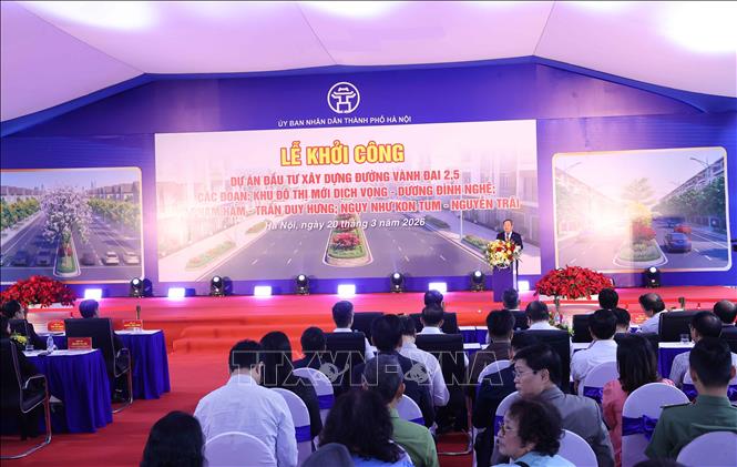 Chủ tịch UBND thành phố Hà Nội Vũ Đại Thắng phát biểu tại lễ khởi công. Ảnh: Lê Ngọc/TTXVN phát