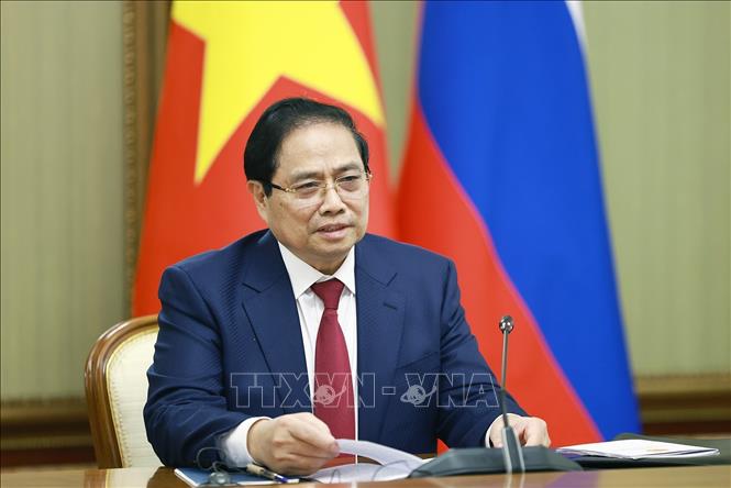 Thủ tướng Phạm Minh Chính phát biểu tại cuộc hội đàm với Thủ tướng Liên bang Nga Mikhail Mishustin. Ảnh: Dương Giang-TTXVN 

