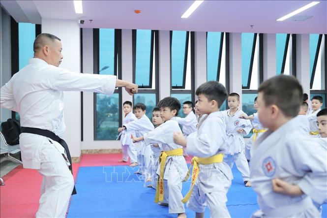 Lớp võ Karate của xã được thành lập từ năm 1995 và duy trì đến nay, thành phần chủ yếu là lứa tuổi thanh thiếu niên, từ học sinh tiểu học đến học sinh THPT. Ảnh: Minh Quyết - TTXVN