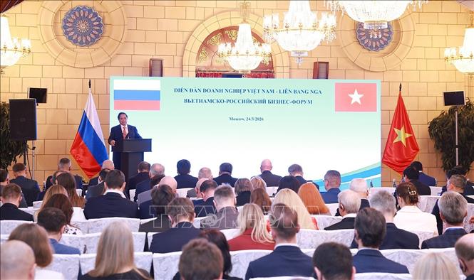 Thủ tướng Phạm Minh Chính phát biểu tại Diễn đàn doanh nghiệp Việt Nam – Liên bang Nga. Ảnh: Dương Giang-TTXVN
