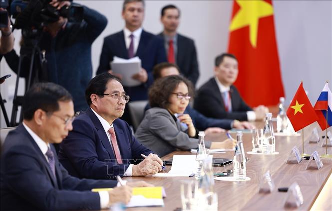 Thủ tướng Phạm Minh Chính phát biểu tại cuộc gặp Thư ký Hội đồng An ninh Sergey Kuzhugetovich Shoygu. Ảnh: Dương Giang-TTXVN
