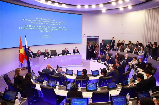 Thủ tướng Phạm Minh Chính phát biểu tại Đại học Nghiên cứu Công nghệ Quốc gia MISIS. Ảnh: Dương Giang-TTXVN
