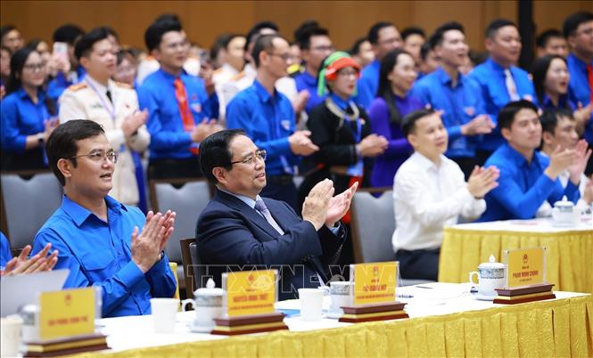 Thủ tướng Phạm Minh Chính tham dự buổi gặp mặt Gương mặt trẻ Việt Nam tiêu biểu, triển vọng và cán bộ đoàn tiêu biểu. Ảnh: Dương Giang-TTXVN 
