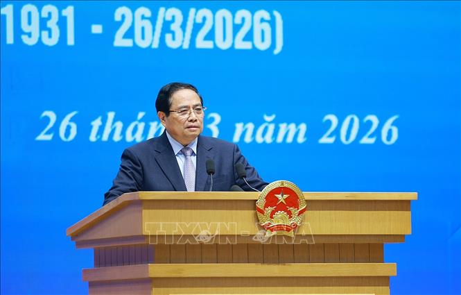 Thủ tướng Phạm Minh Chính phát biểu tại buổi gặp mặt Gương mặt trẻ Việt Nam tiêu biểu, triển vọng và cán bộ Đoàn tiêu biểu. Ảnh: Dương Giang-TTXVN 
