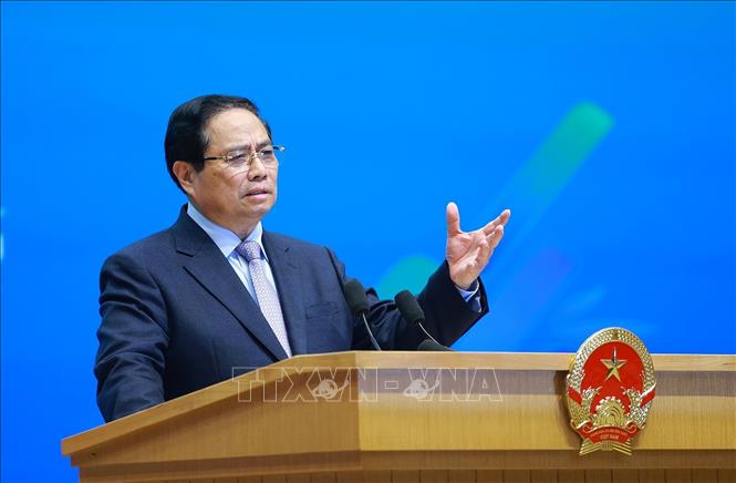 Thủ tướng Phạm Minh Chính phát biểu tại buổi gặp mặt Gương mặt trẻ Việt Nam tiêu biểu, triển vọng và cán bộ Đoàn tiêu biểu. Ảnh: Dương Giang-TTXVN 
