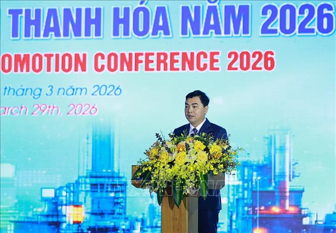Chủ tịch UBND tỉnh Thanh Hoá Nguyễn Hoài Anh phát biểu khai mạc Hội nghị Xúc tiến đầu tư tỉnh Thanh Hóa năm 2026. Ảnh: Dương Giang - TTXVN 