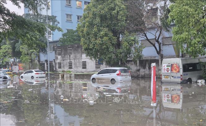 Nước ngập không chỉ gây khó khăn cho đi lại mà còn kéo rác, gây ô nhiễm môi trường. Ảnh: Nguyễn Thắng - TTXVN
