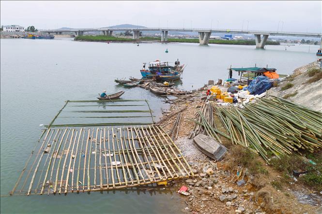 Những giàn nuôi hàu trái phép của người dân địa phương đang được kết nối, thả nổi trên sông Hoàng Mai đoạn dưới chân cầu Hoàng Mai. Ảnh: Xuân Tiến - TTXVN 