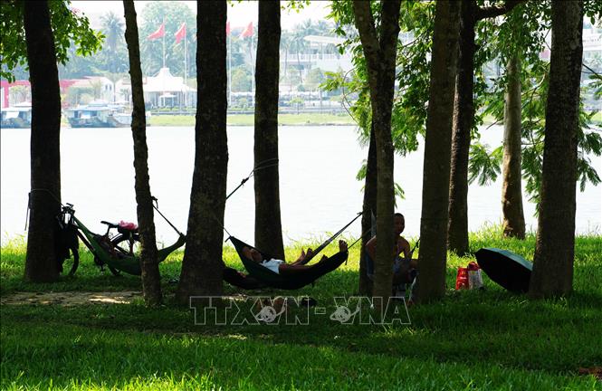 Người lao động ở thành phố Huế nghỉ ngơi trên võng, trong công viên ở bờ Bắc sông Hương để tránh nắng nóng. Ảnh: Nguyên Lý - TTXVN