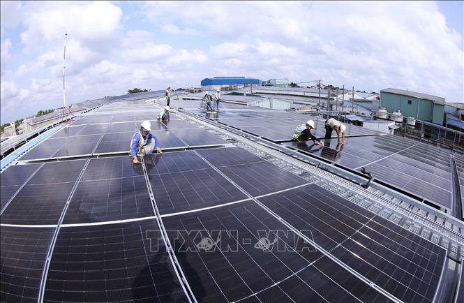 Tập đoàn Thuỷ sản Minh Phú ở phường Lý Văn Lâm, tỉnh Cà Mau triển khai lắp đặt hệ thống điện mặt trời mái nhà với công suất phát điện trung bình 200.000 KWh, mỗi tháng tiết kiệm chi phí sản xuất khoảng 38%, tương đương tiết kiệm khoảng 95.000 KWh/tháng. Ảnh: Vũ Sinh - TTXVN