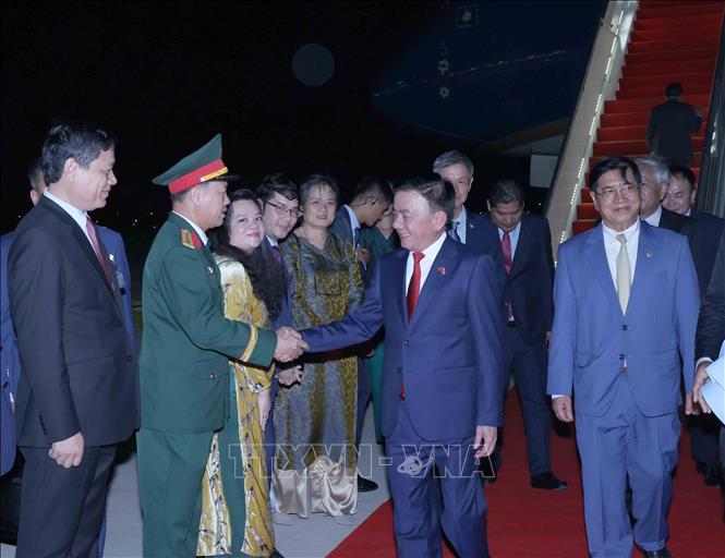 Cán bộ, nhân viên Đại sứ quán Việt Nam tại Campuchia đón Thường trực Ban Bí thư Trần Cẩm Tú cùng Đoàn đại biểu cấp cao Việt Nam tại Sân bay Quốc tế Techo. Ảnh: Phương Hoa - TTXVN