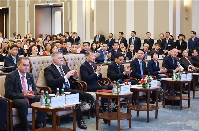 Thủ tướng Lê Minh Hưng và Thủ tướng Slovakia Robert Fico tham dự Diễn đàn doanh nghiệp Slovakia – Việt Nam năm 2026. Ảnh: Dương Giang - TTXVN 
