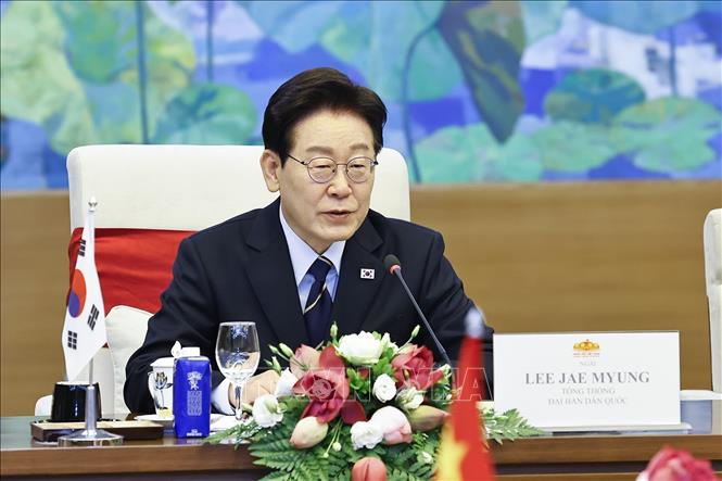 Tổng thống Hàn Quốc Lee Jae Myung phát biểu tại cuộc hội kiến Chủ tịch Bet88app còn khuyến mãi Trần Thanh Mẫn. Ảnh: Doãn Tấn - TTXVN