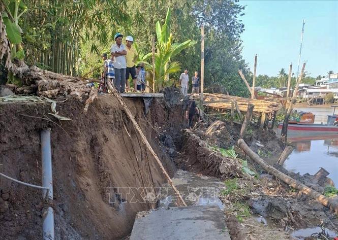 Điểm sạt lở nghiêm trọng xảy ra vào đêm 13/4 rạng sáng ngày 14/4/2026 tại tuyến đường giao thông nông thôn gần sông An Mỹ, ấp Phụng An, xã Nhơn Mỹ, thành phố Cần Thơ. Ảnh: Thanh Liêm - TTXVN