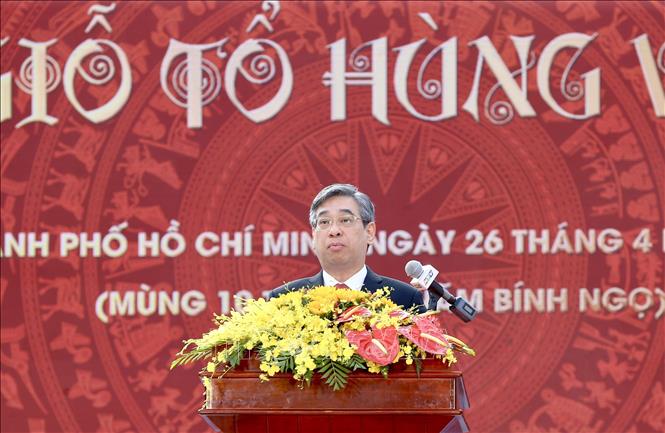 Phó Bí thư Thành ủy Thành phố Hồ Chí Minh Nguyễn Phước Lộc phát biểu tại Lễ Giỗ Tổ Hùng Vương. Ảnh: Thanh Vũ-TTXVN
