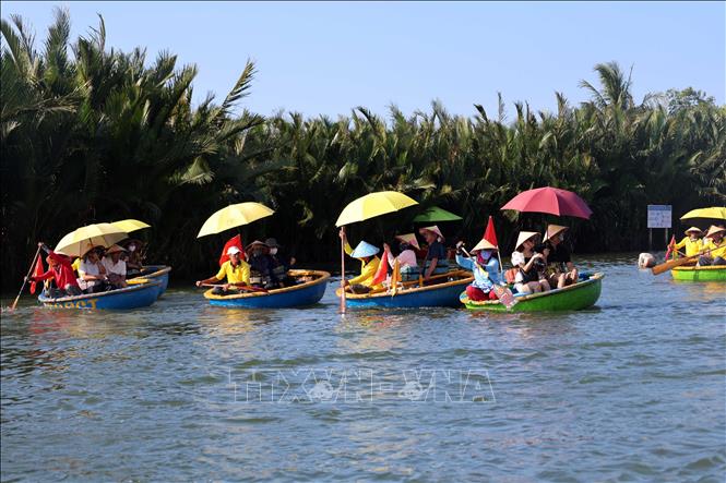 Tourists experience basket boat trips at Cam Thanh village. VNA Photo: Đỗ Trưởng