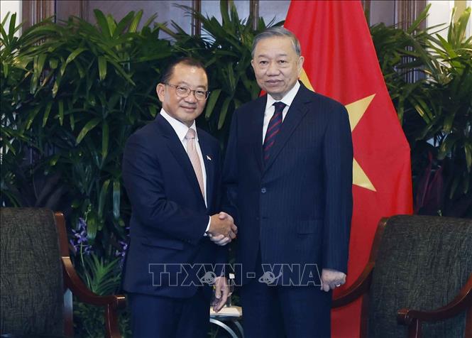 Party General Secretary and State President To Lam meets with Speaker of Parliament of Singapore Seah Kian Peng. VNA Photo: Thống Nhất 