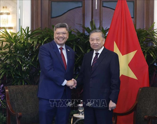 Party General Secretary and State President To Lam receives Chief Operating Officer at SATS Ltd. Bob Chi. VNA Photo: Thống Nhất  