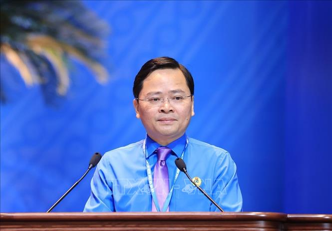 Đồng chí Nguyễn Anh Tuấn, Ủy viên Trung ương Đảng, Chủ tịch Tổng Liên đoàn Lao động Việt Nam phát biểu. Ảnh: Tuấn Anh - TTXVN