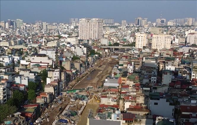 Điểm đầu giao với đường Cát Linh - La Thành - Yên Lãng tại Hoàng Cầu đang được nhà thầu thi công đảm bảo tiến độ đề ra. Ảnh: Quốc Khánh - TTXVN