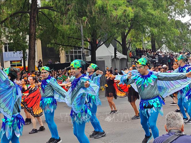 Đoàn nghệ sĩ hóa trang trong trang phục rực rỡ sắc màu thu hút sự chú ý của người dân và du khách. Ảnh: Phương Lan - PV TTXVN tại Mexico 