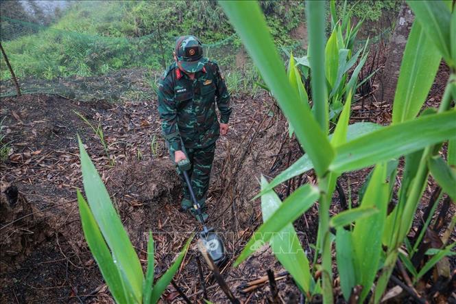 Các thành viên Đội tìm kiếm, quy tập hài cốt liệt sĩ sử dụng máy dò để tìm kiếm, xử lý bom mìn, vật liệu nổ còn sót lại tại khu vực tìm kiếm, quy tập hài cốt liệt sĩ. Ảnh: Hoàng Hiếu - TTXVN
