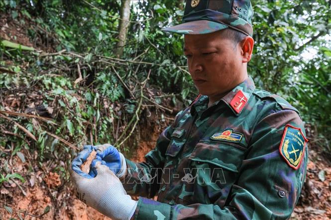 Trung tá Hoàng Vũ Dũng - Đội phó đội tìm kiếm, quy tập hài cốt liệt sĩ Tuyên Quang xem xét cẩn thận mảnh xương nghi là của người tại khu vực nghi có hài cốt liệt sĩ thuộc chiến trường xưa - xã Minh Tân. Ảnh: Hoàng Hiếu - TTXVN