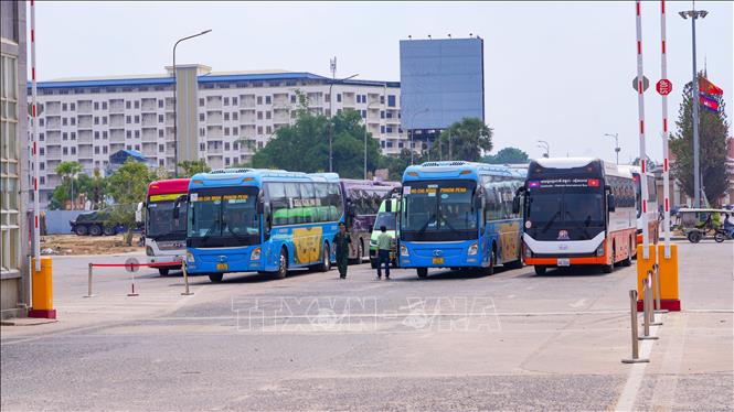 Phương tiện xuất nhập cảnh làm thủ tục tại Cửa khẩu quốc tế Mộc Bài, xã Bến Cầu, tỉnh Tây Ninh. Ảnh: Minh Phú - TTXVN