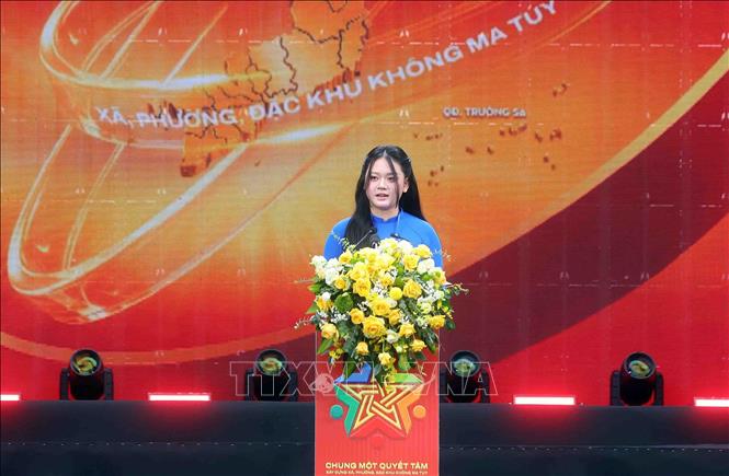 Đại diện thế hệ trẻ phát biểu hưởng ứng tháng hành động phòng, chống ma tuý năm 2026. Ảnh: Phạm Kiên - TTXVN