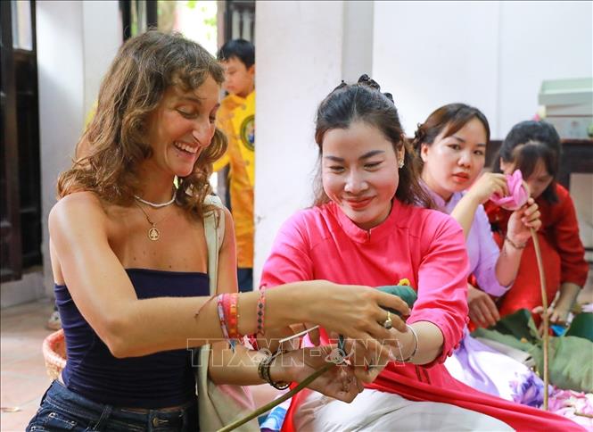 Du khách trải nghiệm nghề ướp trà sen Quảng An. Ảnh: Khánh Hoà - TTXVN