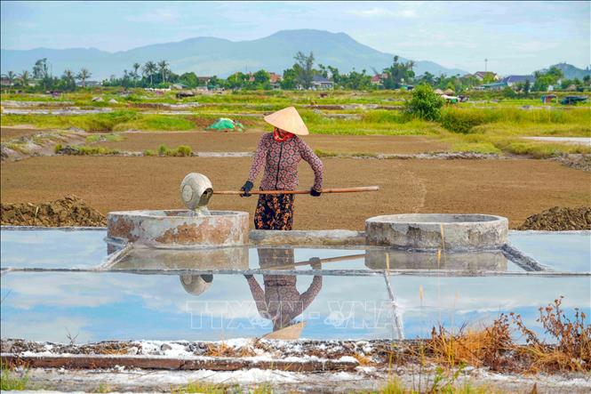 Người dân đưa nước mặc vào các bể lọc. Ảnh: Hữu Quyết – TTXVN