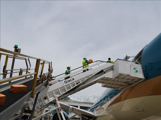 Vận chuyển hàng cứu trợ từ máy bay xuống sân bay quốc tế ở thủ đô Caracas. Ảnh: Phi Hùng - PV TTXVN tại Mỹ Latinh
