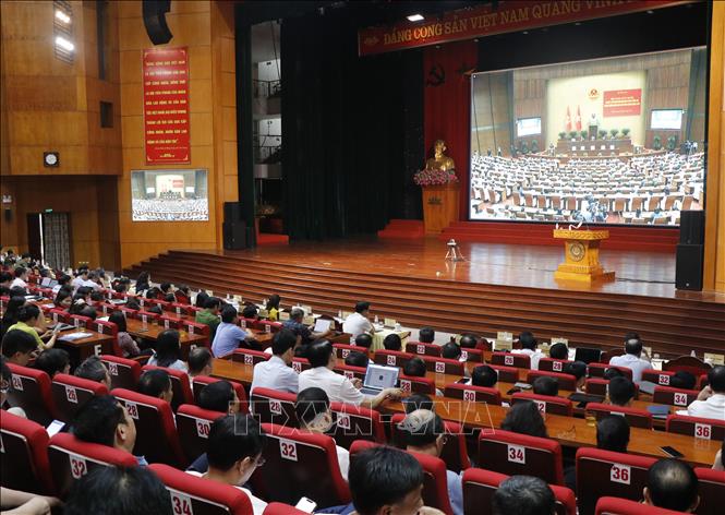 Các đại biểu dự hội nghị trực tuyến tại điểm cầu Trung tâm Hội nghị tỉnh Bắc Ninh. Ảnh: Thanh Thương - TTXVN