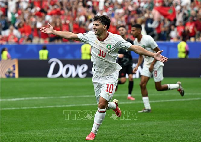 Tiền vệ Morocco Brahim Diaz ăn mừng bàn thắng của đội nhà trong trận gặp Canada mở màn vòng 1/8. Ảnh: THX/TTXVN 