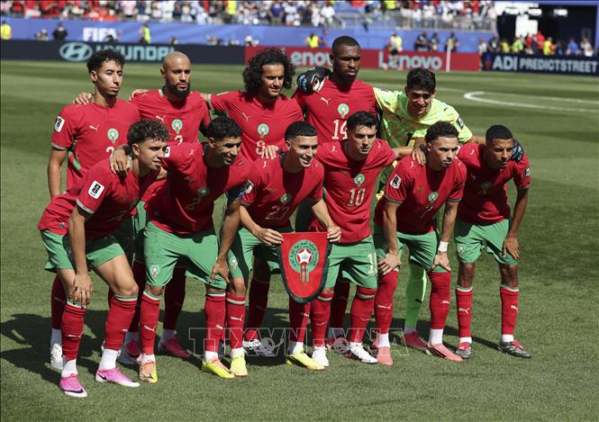 Đội hình ra sân của tuyển Maroc gặp tuyển Pháp mở màn Tứ kết World Cup 2026. Ảnh: THX/TTXVN