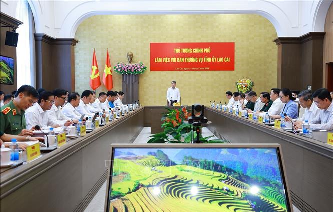 Thủ tướng Lê Minh Hưng làm việc với Ban Thường vụ Tỉnh uỷ Lào Cai. Ảnh: Dương Giang – TTXVN 
