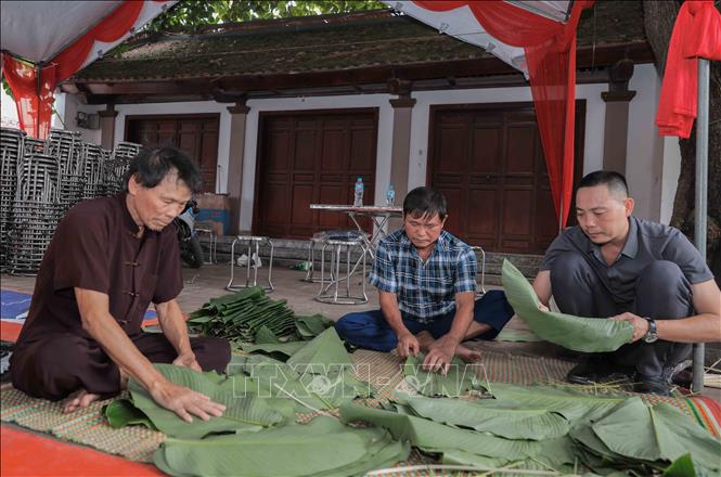 Người dân tỉ mỉ lau sạch từng chiếc lá dong, chuẩn bị chu đáo nguyên liệu để gói những chiếc bánh chưng thơm ngon dâng cúng tổ tiên. Ảnh: Phan Phương – TTXVN